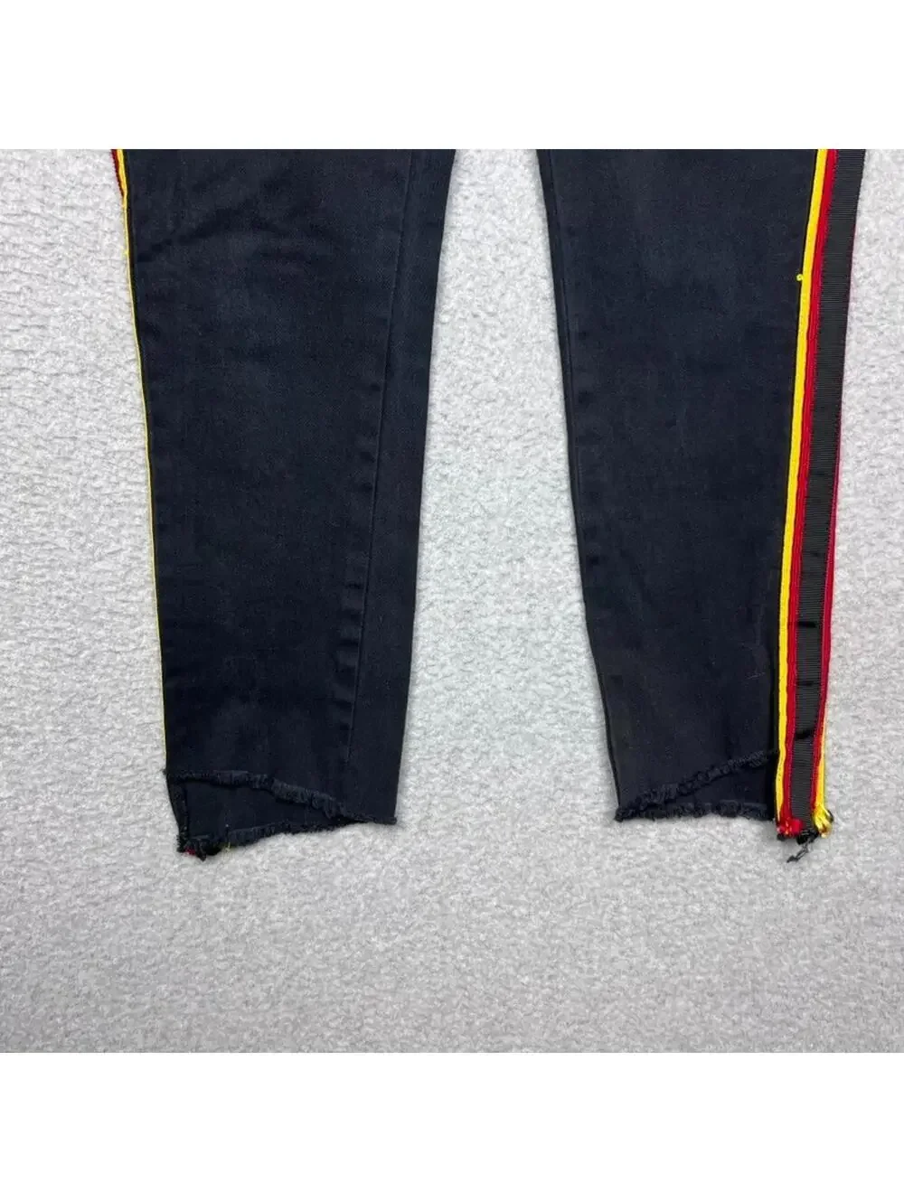 Pam & Gela Racing Stripe Step Hem Jeans Black Red Yellow Side Stripe Womens 25